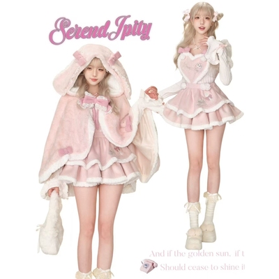 冬季毛绒粉色洛丽塔兔耳朵蛋糕裙