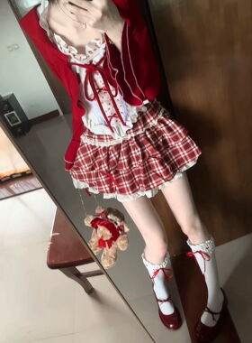 甜辣chic红色学院风套装裙可爱甜美开衫外套吊带格子蛋糕裙三件套