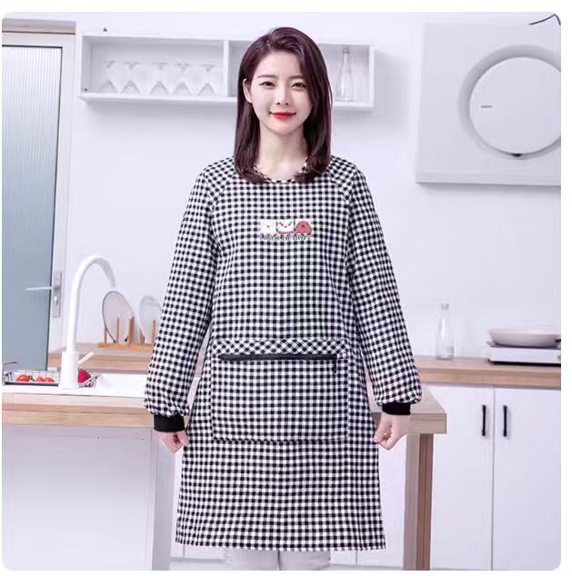 加厚棉布罩衣厨房家用做饭长袖小熊围裙带袖子男女上班干活工作服