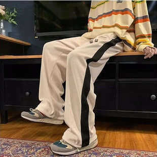 高街ins潮长裤 复古潮流宽松直筒休闲裤 子男加绒美式 拼接条纹裤