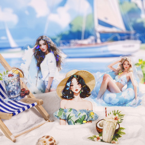 夏日冰茶贝壳光PET贴纸少女人物模切手账拼贴画素材场景基础摆拍
