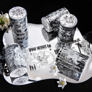 黑与白花园简约ins风植物拼贴胶带复古百搭手账拼贴素材手帐贴纸