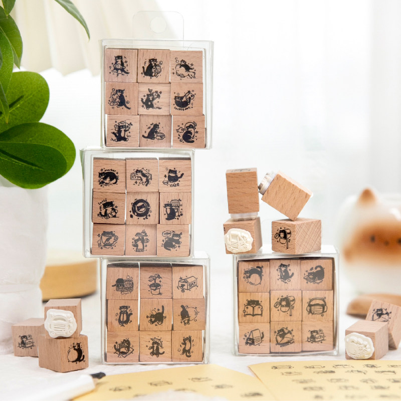 猫咪的世界木质印章套装手帐装饰素材复古日常咖啡生活基础手账
