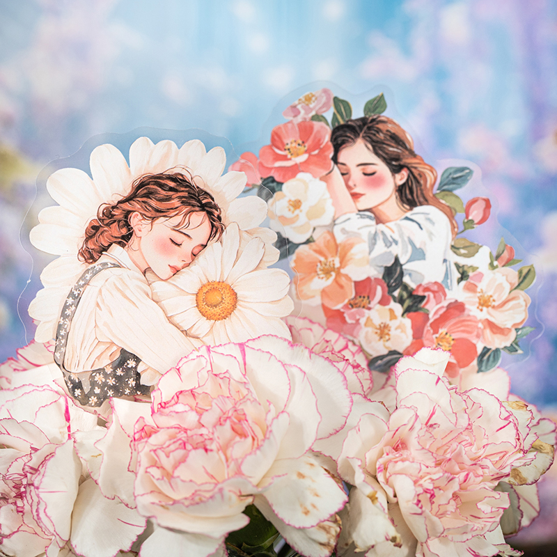 拥抱鲜花的美好PET贴纸花朵少女手账拼贴画装饰场景diy基础素材