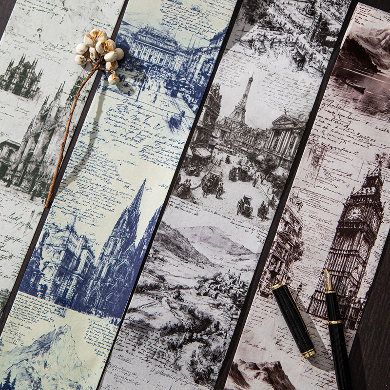 欧洲旅行图鉴建筑手稿背景胶带复古手帐拼贴打底素材贴纸装饰diy