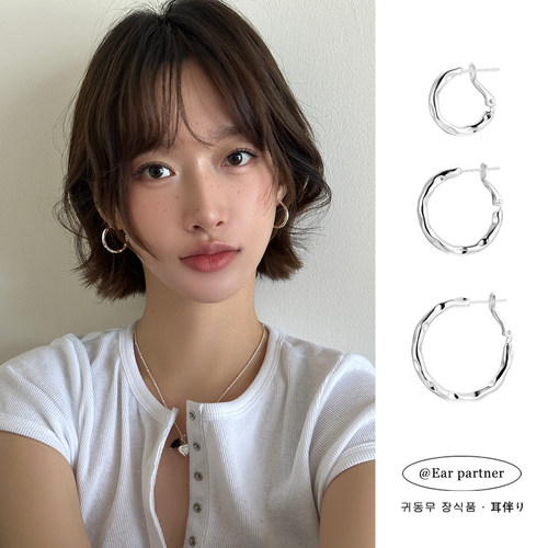 金属肌理感素圈耳环女轻奢小众高级感气质耳圈耳扣纯银针耳钉耳饰