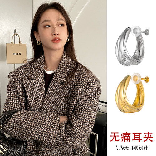 法式耳夹女无耳洞螺旋耳圈轻奢高级感素圈金色耳扣银针耳钉耳饰夏