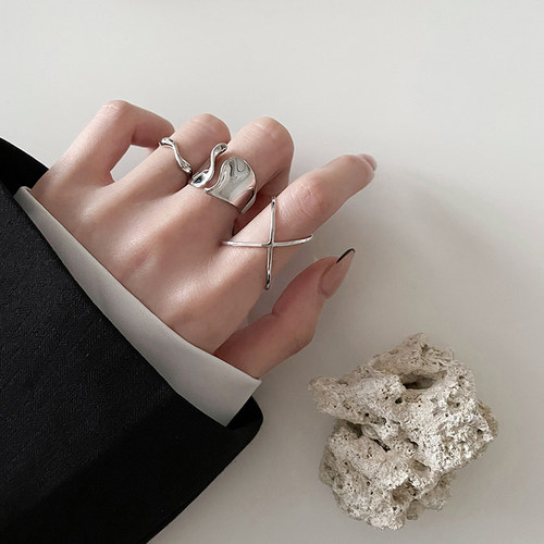 s925纯银戒指女简约交叉几何线条