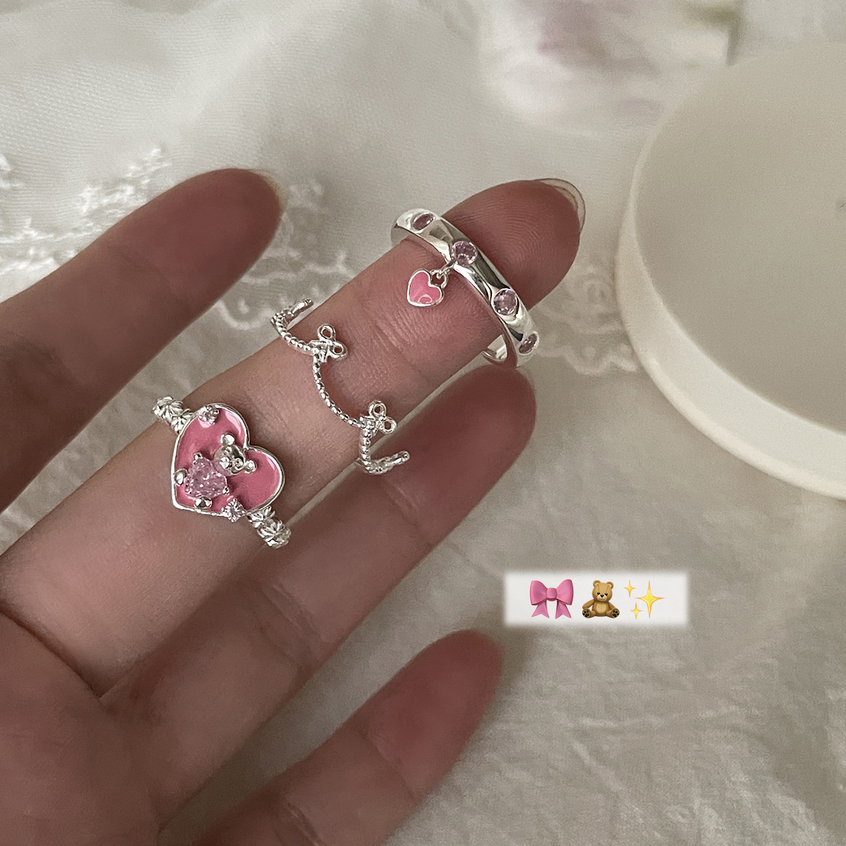 粉色爱心纯银开口戒指可调节大小