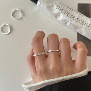 925纯银冰块戒指小众设计素圈情侣对戒方块戒子高级食指排钻指环