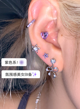 爱心星星钛钢耳钉女养耳洞耳骨钉紫色锆石直针圈圈耳环蝴蝶结耳饰