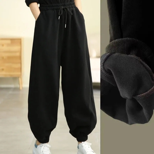 2025年冬 女简约松紧腰纯色百搭宽松休闲裤 加绒加厚大码 束脚灯笼裤