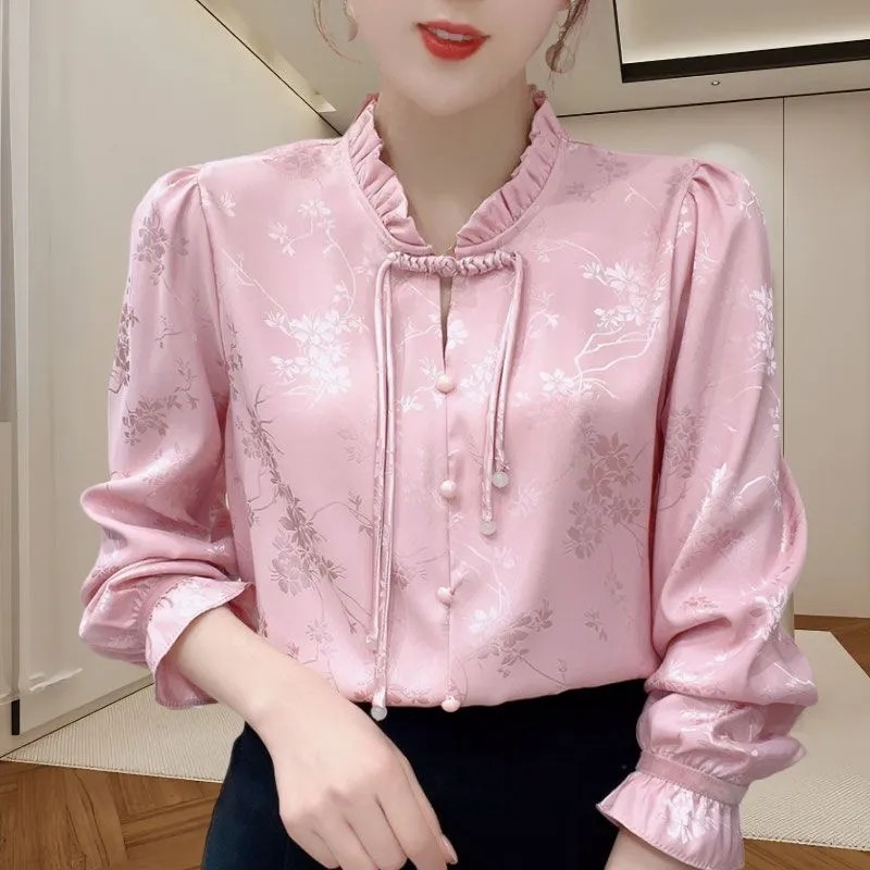 中式国风上衣木耳边盘扣长袖t恤