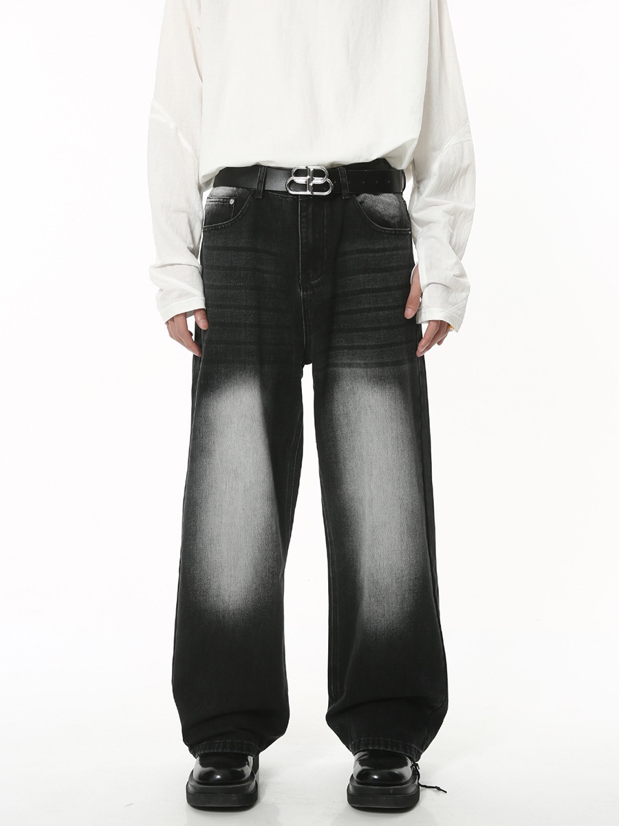 2023秋款新品重磅复古水洗磨白黑灰阔腿牛仔裤潮