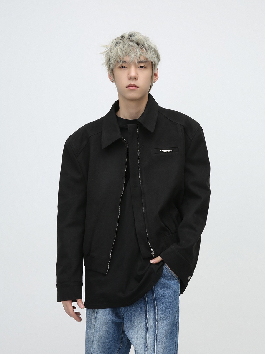 2023秋冬款新品 廓形垫肩毛呢简约短款夹克外套男