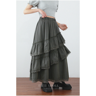 拼接蕾丝花边层层蛋糕裙半身裙春夏新款 高腰遮胯胖MM蓬蓬裙长裙女