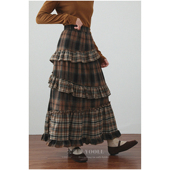 美拉德复古格子拼接木耳边半身裙秋冬新款 高腰显瘦不规则格纹长裙