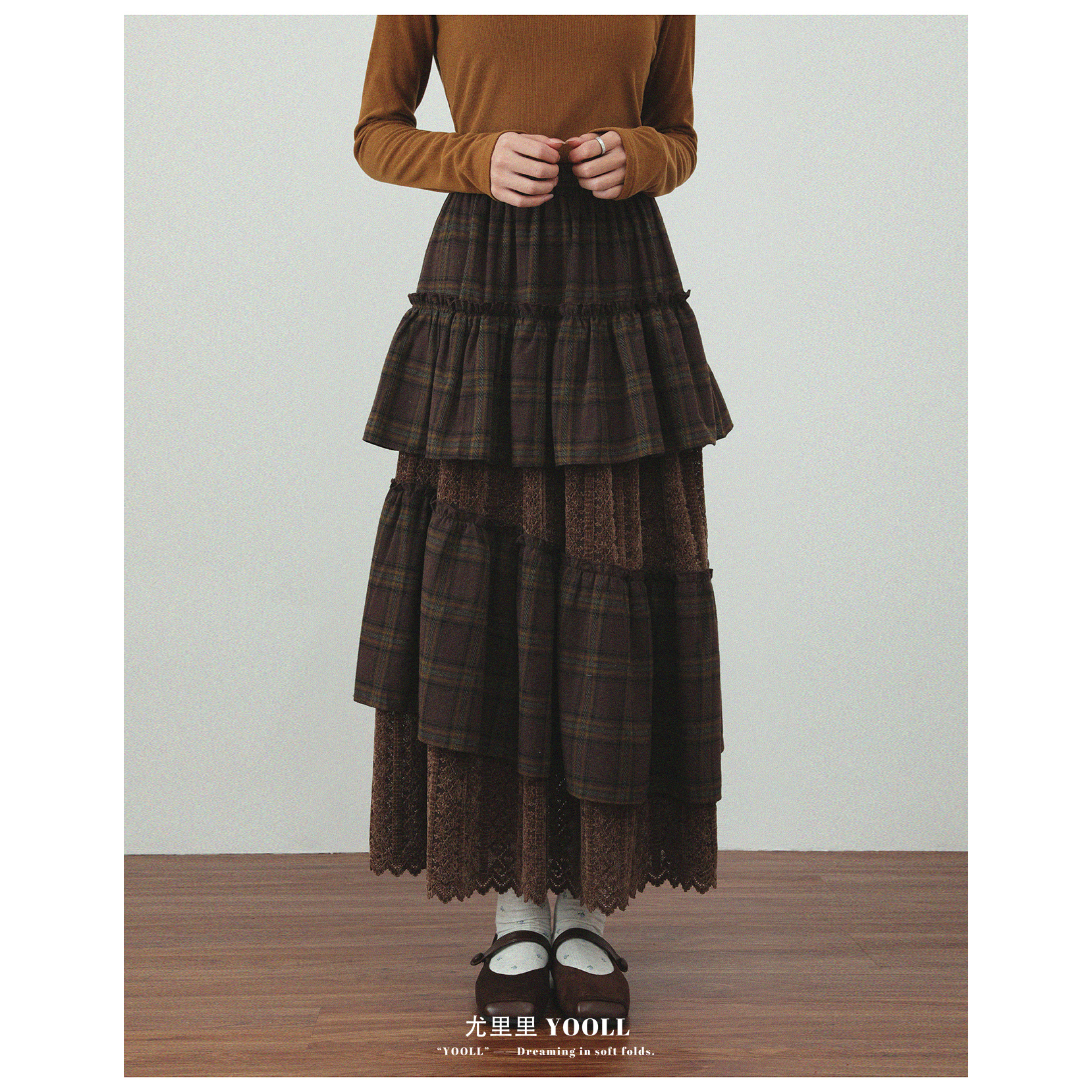 大码半身裙冬季新款复古格纹不规则长裙胖MM收身显瘦拼接不规则裙