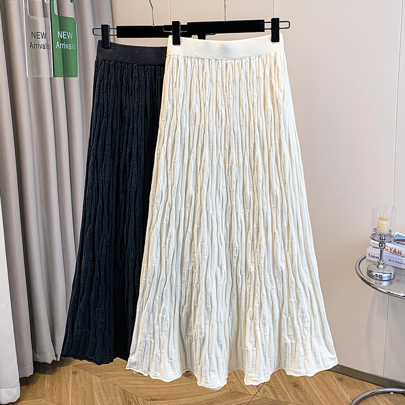 大码女装秋冬款胖mm韩版设计感不规则压褶褶皱高腰气质针织半身裙