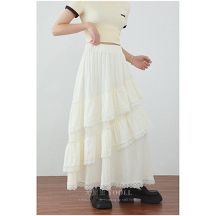 甜美荷叶边蕾丝拼接半身裙春夏新款 层层叠蓬蓬高腰蛋糕裙中长裙女