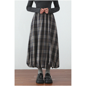 春秋新款 美拉德格纹磨毛蓬蓬花苞裙胖MM高腰显瘦大摆裙气质中长裙