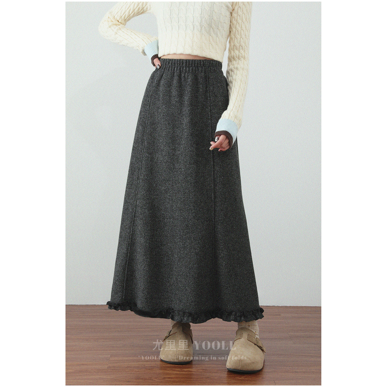 加绒加厚毛呢半身裙秋冬新款松紧腰休闲高腰显瘦木耳边A字长裙女,女装/女士精品,大码半身裙,淘宝优惠券,粉丝福利购,淘宝优惠卷