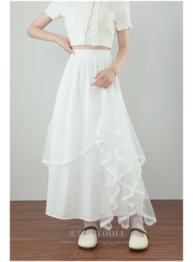大码法式不规则网纱拼接蕾丝花边半身裙女2026夏季白色流次感长裙