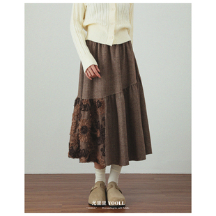 大码 咖色复古设计感立体花朵拼接半身裙秋冬胖mm巨好看中长裙女