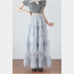 大码法式薄纱拼接木耳边半身裙夏季新款高腰显瘦胖MM蓬蓬蛋糕长裙