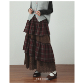 大码 复古气质格纹长裙胖MM高腰显瘦拼接不规则半身裙 新款 女装 冬季