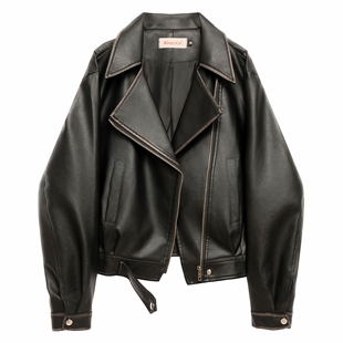 黑色翻领皮衣外套女2025新款美式复古机车服宽松短款夹克上衣