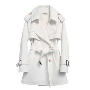 白色翻领双排扣中长款风衣女收腰通勤外套小个子气质大衣