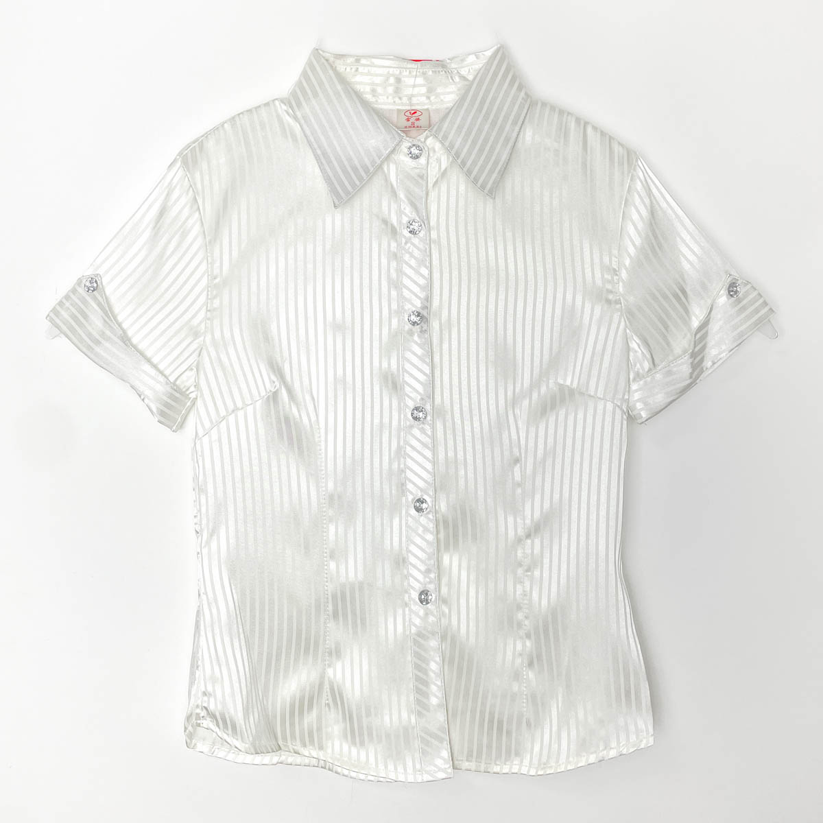 清货女款短袖衬衫仿真丝暗宽条纹上档次收腰职业装OL有品味通勤