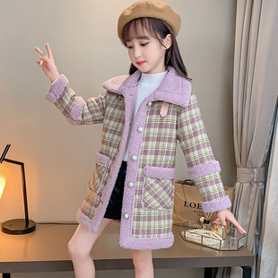 女童毛呢外套秋冬中大童装加绒儿童呢子大衣潮羊羔毛裁剪图纸样板