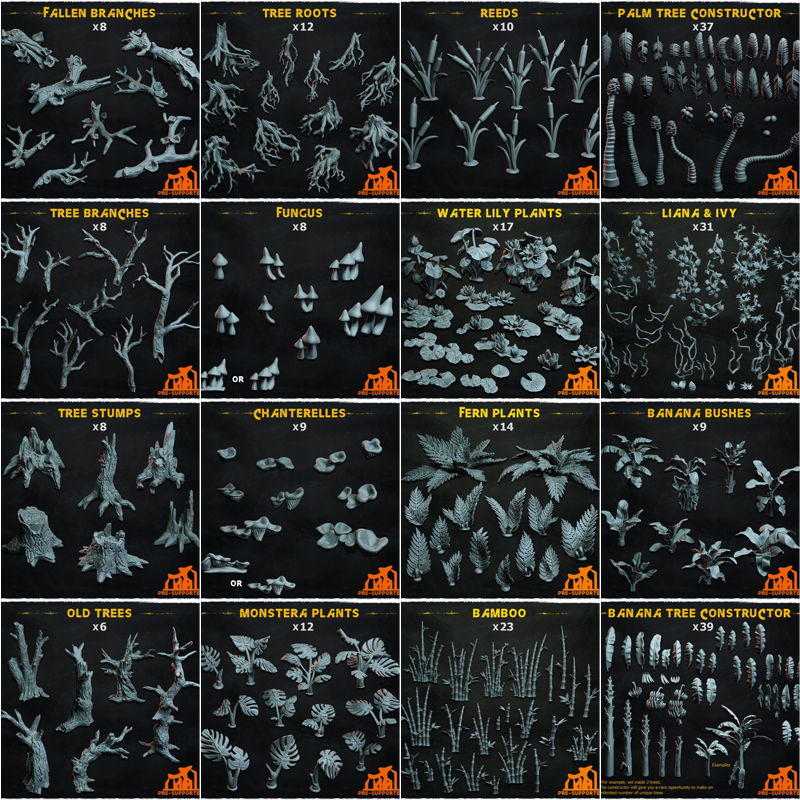 热带雨林植物竹子老树根棕榈16款3D打印模型STL文件素材蕨类藤蔓