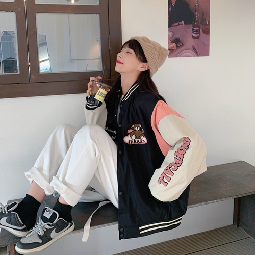 Double layer sleeve bear towel embroidered coat women's spring and autumn thin Baseball Jacket loose ins jacket