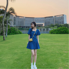 Dress women's summer short denim skirt small slim A-line dress French retro square collar dress