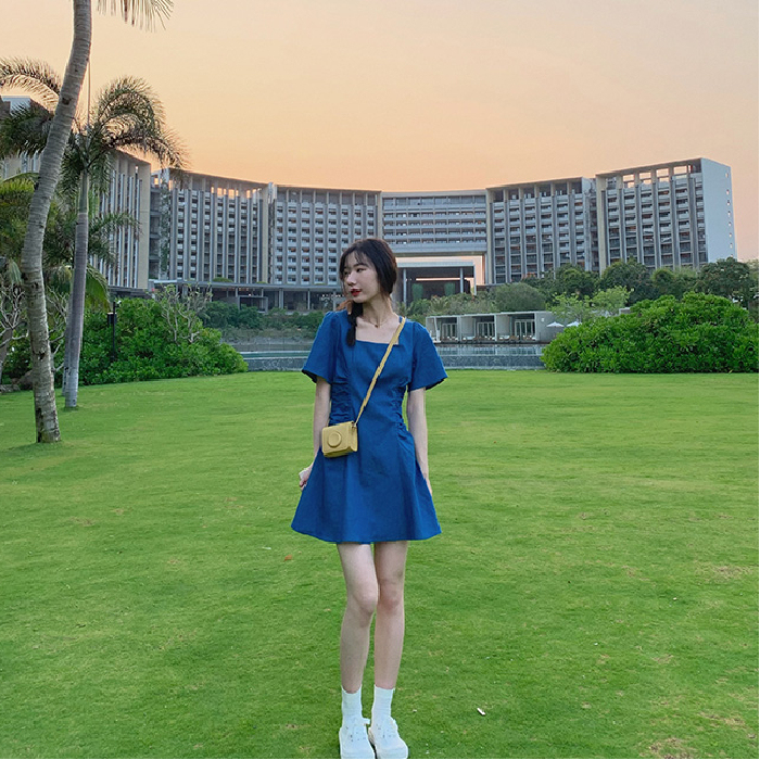 Dress women's summer short denim skirt small slim A-line dress French retro square collar dress