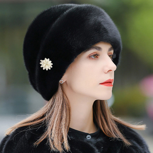 礼帽加厚保暖中老年人皮草帽子 整皮水貂毛时尚 貂帽女冬季 2022新款