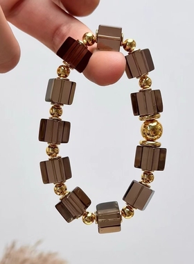 天然茶水晶方糖手链女款单圈时尚百搭饰品礼物送女友闺蜜生日礼物