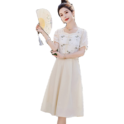 国风印花雪纺盘扣连衣裙女小个子