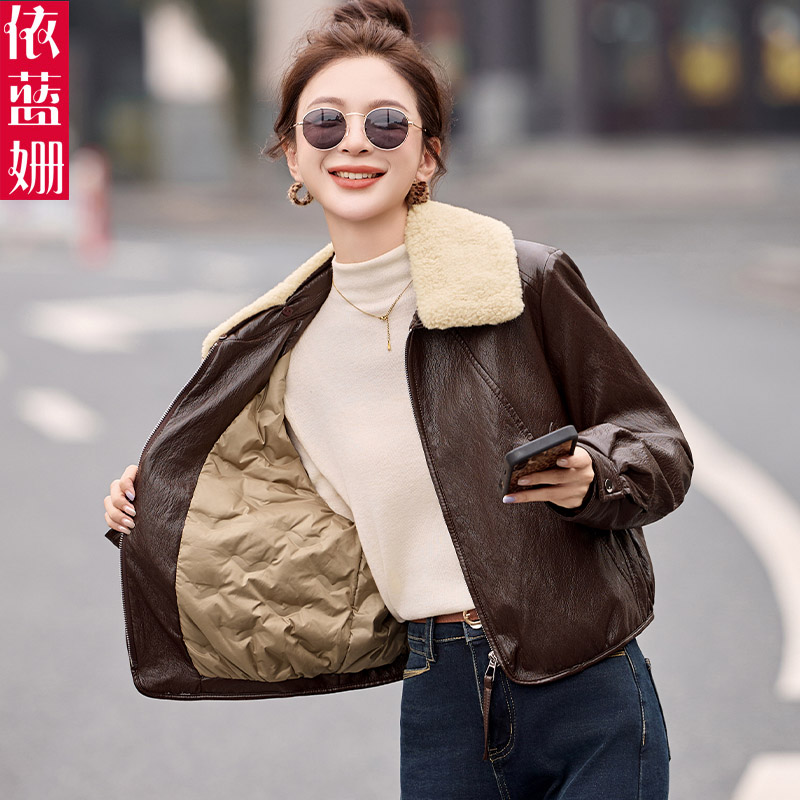 巨好看的轻薄羊羔毛翻领PU皮外套