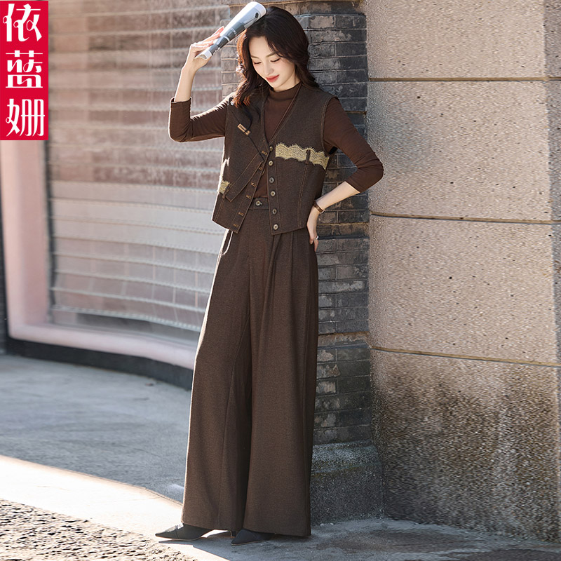 时尚显瘦马甲打底衫阔腿裤三件套