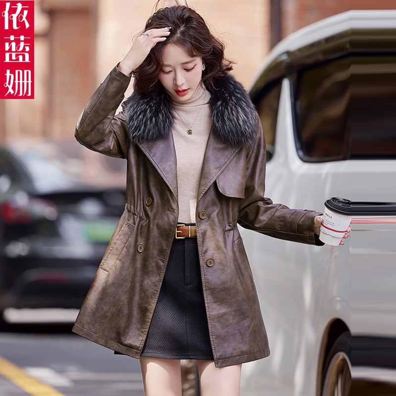 气质收腰毛领加绒加厚皮衣外套女