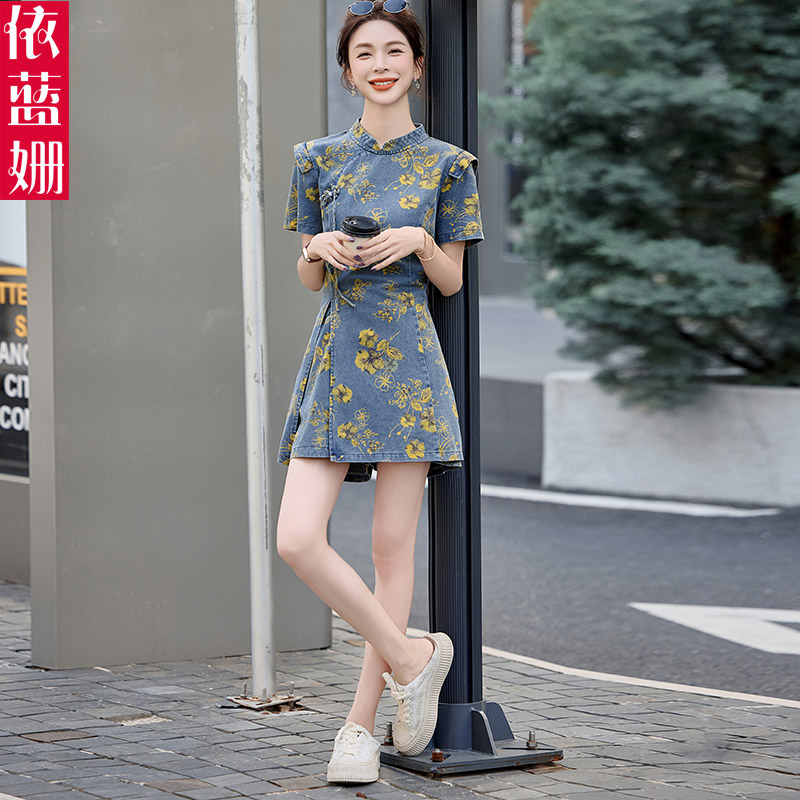 新中式国风旗袍裙套装女2025夏新款小个子显瘦薄款牛仔短裤两件套
