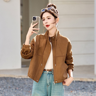 立领鹿皮绒外套女短款2026春季新款时尚休闲百搭减龄复古夹克上衣