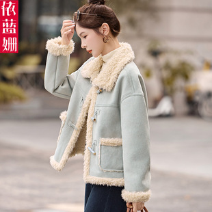 2025冬季短款翻领保暖麂皮羊羔毛外套女加绒加厚皮毛一体夹克上衣