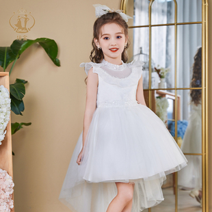 拖尾小礼服女童生日公主裙前短后长女孩走秀儿童洋气蓬蓬纱演出服