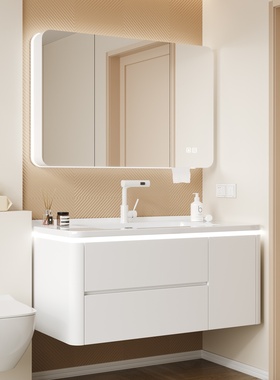 奶油风橡木烤漆浴室柜陶瓷一体盆卫生间洗手台洗脸盆柜组合卫浴柜