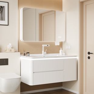 奶油风橡木烤漆浴室柜陶瓷一体盆卫生间洗手台洗脸盆柜组合卫浴柜